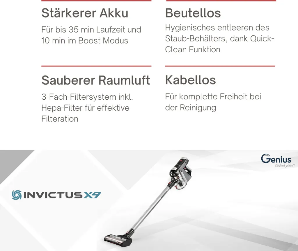 Genius Invictus X9 Set 29tlg Akku Staubsauger Handstaubsauger Nasssauger Mit LED Beutellos Kabellos Für Allergiker Tierhaare; A81721 5 Genius Invictus X9 Set 29tlg Akku Staubsauger Handstaubsauger Nasssauger Mit LED Beutellos Kabellos Für Allergiker Tierhaare; A81721 – Bild 3