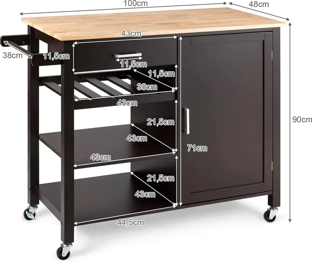 COSTWAY Küchenwagen Auf Rollen, Kücheninsel Mit Schublade, Weinregal, Offene Regale & Handtuchhalter, Platzsparender Servierwagen, Für Küche, Esszimmer, Bar, Braun 9 COSTWAY Küchenwagen Auf Rollen, Kücheninsel Mit Schublade, Weinregal, Offene Regale & Handtuchhalter, Platzsparender Servierwagen, Für Küche, Esszimmer, Bar, Braun – Bild 7