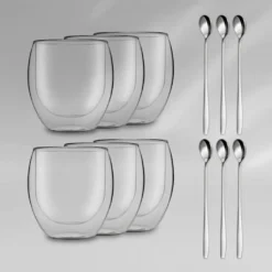 DUOS 6X 410ml Jumbo Doppelwandige Thermo-Gläser + 6X Edelstahl-LÖFFEL, Für Latte Macchiato, Cocktails, Vorspeisen By Feelino