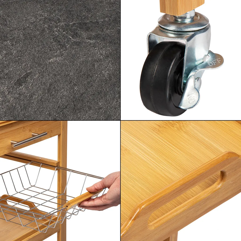 ONVAYA Küchenwagen Kyoto Auf Rollen, Küchenrollwagen Aus Bambus Mit Arbeitsplatte Schwarz Aus Stein, Praktischer Beistellwagen Für Die Küche Inkl. Schubladen 6 ONVAYA Küchenwagen Kyoto Auf Rollen, Küchenrollwagen Aus Bambus Mit Arbeitsplatte Schwarz Aus Stein, Praktischer Beistellwagen Für Die Küche Inkl. Schubladen – Bild 5