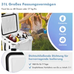 COSTWAY 31L Kühlbox Strapazierfähig Kühler Mit Korb & Getränkehalter Griffen & Fischlineal Eiskühler Tragbar Kälte Bis 9 Tage Weiß -Küchenbedarf Laden e201691cc09fe9294a45772a9713c5b2