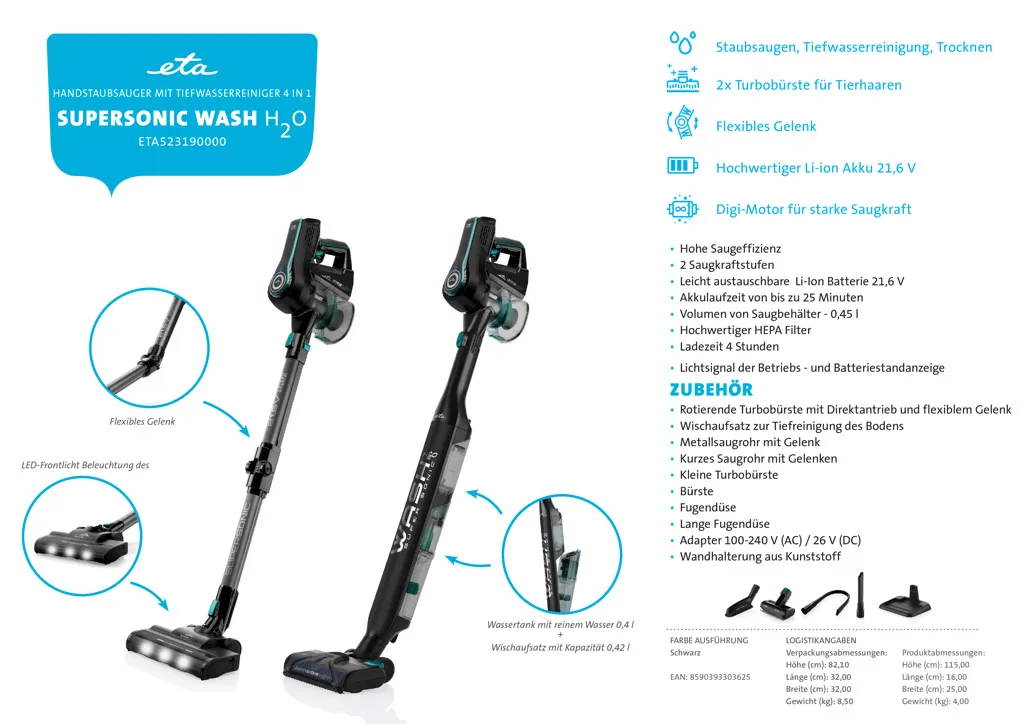 ETA SUPERSONIC WASH ETA523190000 Multifunktionaler Handstaubsauger, 135 W, 21,6 V Li-Ion-Akku, Digitalmotor, LED-Beleuchtung, HEPA-Filter, Saugt, Reinigt Tief, Trocknet, Wischt 22 ETA SUPERSONIC WASH ETA523190000 Multifunktionaler Handstaubsauger, 135 W, 21,6 V Li-Ion-Akku, Digitalmotor, LED-Beleuchtung, HEPA-Filter, Saugt, Reinigt Tief, Trocknet, Wischt – Bild 20