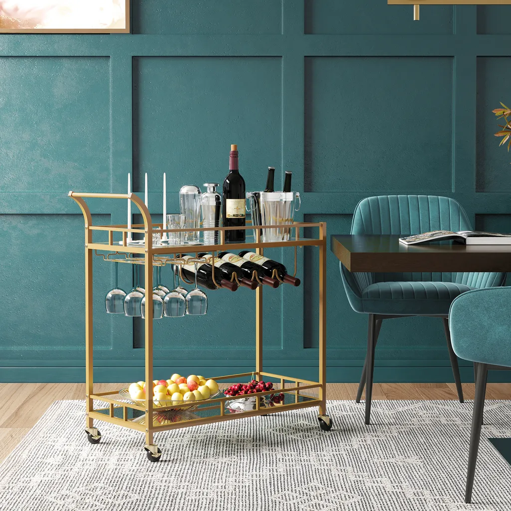 VASAGLE Servierwagen, Rollwagen, Gläserhalter, 2 Verspiegelte Glasablagen, Barwagen, Weinwagen, Für Küche, Esszimmer, Bar, Goldfarben 4 VASAGLE Servierwagen, Rollwagen, Gläserhalter, 2 Verspiegelte Glasablagen, Barwagen, Weinwagen, Für Küche, Esszimmer, Bar, Goldfarben – Bild 2