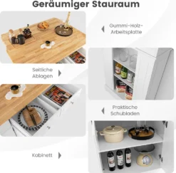 COSTWAY Kücheninsel Aus Gummiholz, Küchenschrank Klappbar Mit Ausziehbarer Arbeitsplatte, Küchenschrank Mit Schubladen, Seitenregalen, 2-türigem Schrank, 3-stufig Verstellbaren Böden -Küchenbedarf Laden f1c5d98d17750d17449348c234625c5f