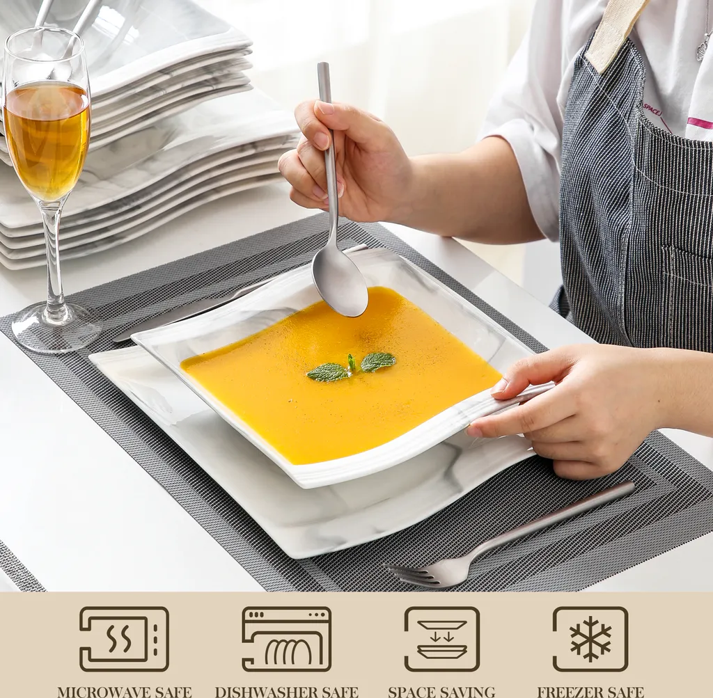 MALACASA, Serie Flora, Marmor Porzellan Tafelservice 24 Teiligen Set Kombiservice Geschirrset Mit 12 Speiseteller Und 12 Suppenteller Für 12 Personen 5 MALACASA, Serie Flora, Marmor Porzellan Tafelservice 24 Teiligen Set Kombiservice Geschirrset Mit 12 Speiseteller Und 12 Suppenteller Für 12 Personen – Bild 3