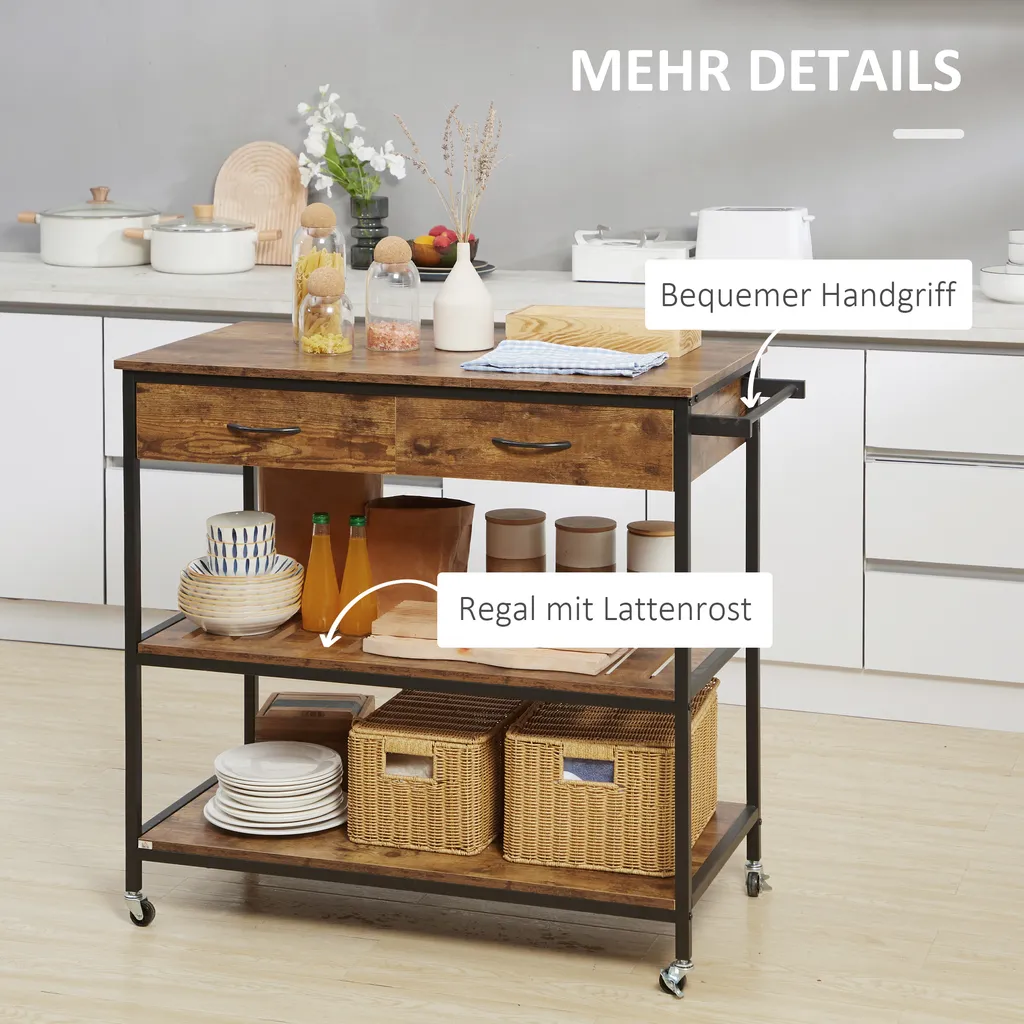 HOMCOM Küchenwagen Auf Rollen, Servierwagen Mit 2 Schubladen Und 2 Regalen, Küchentrolley Mit Arbeitsplatte, Rollwagen, Beistellwagen Im Industriedesign, Braun+Schwarz, 100 X 50 X 93 Cm 8 HOMCOM Küchenwagen Auf Rollen, Servierwagen Mit 2 Schubladen Und 2 Regalen, Küchentrolley Mit Arbeitsplatte, Rollwagen, Beistellwagen Im Industriedesign, Braun+Schwarz, 100 X 50 X 93 Cm – Bild 6