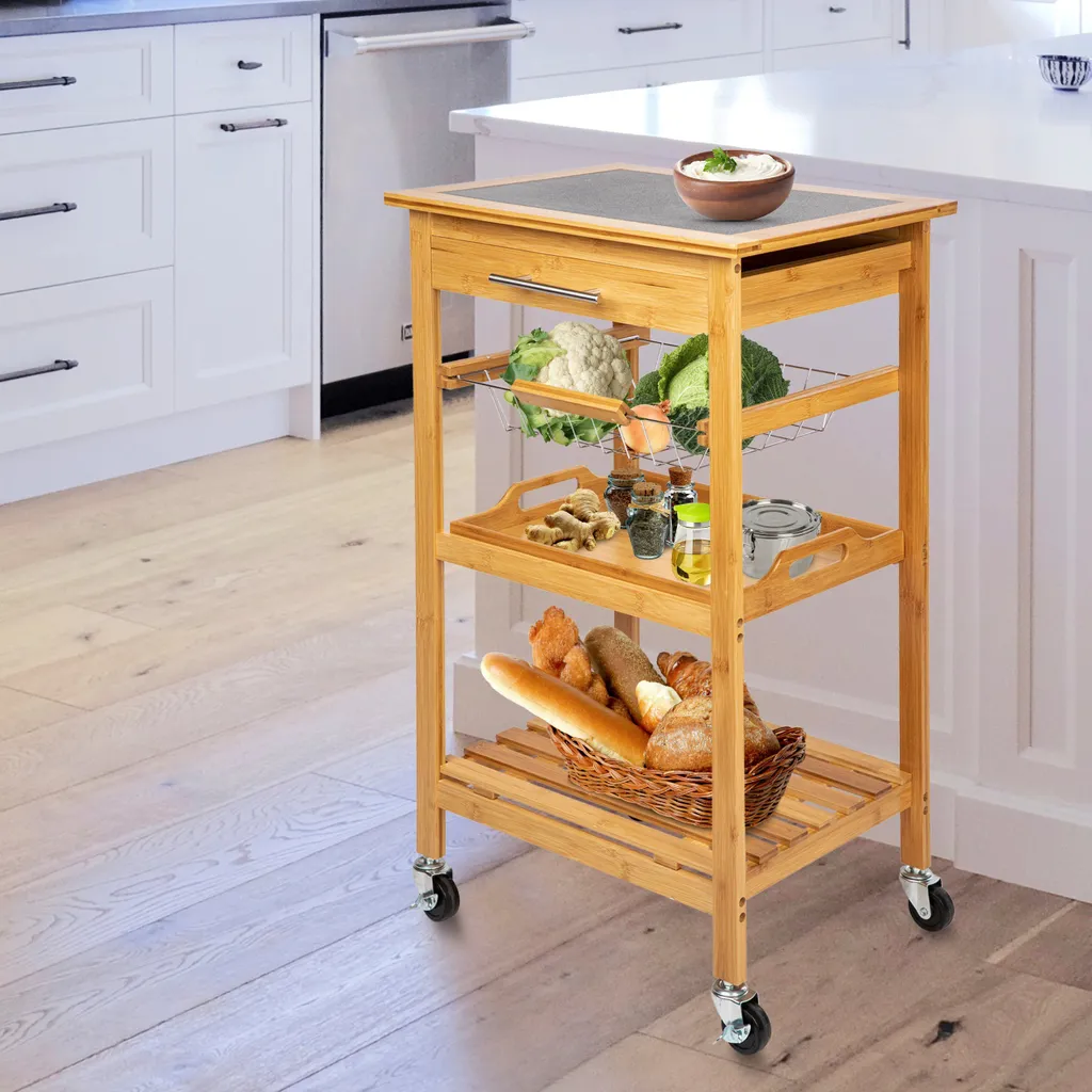 ONVAYA Küchenwagen Kyoto Auf Rollen, Küchenrollwagen Aus Bambus Mit Arbeitsplatte Schwarz Aus Stein, Praktischer Beistellwagen Für Die Küche Inkl. Schubladen 7 ONVAYA Küchenwagen Kyoto Auf Rollen, Küchenrollwagen Aus Bambus Mit Arbeitsplatte Schwarz Aus Stein, Praktischer Beistellwagen Für Die Küche Inkl. Schubladen – Bild 6